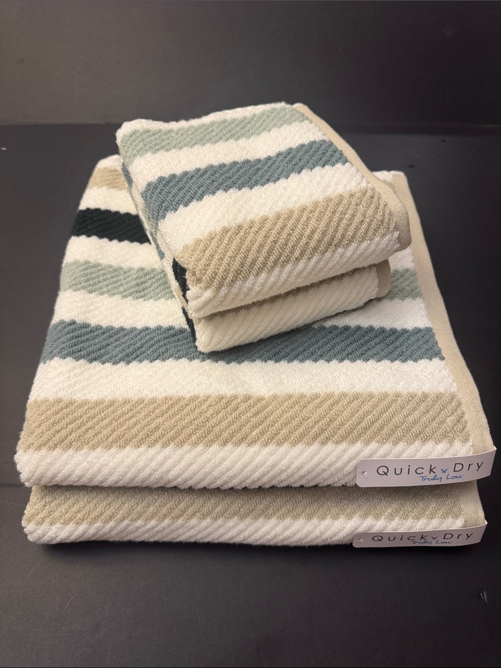 4pc TRULY LOU Quick Dry 100% Cotton Stripe Bath Towel Set -Shades of Green/Taupe